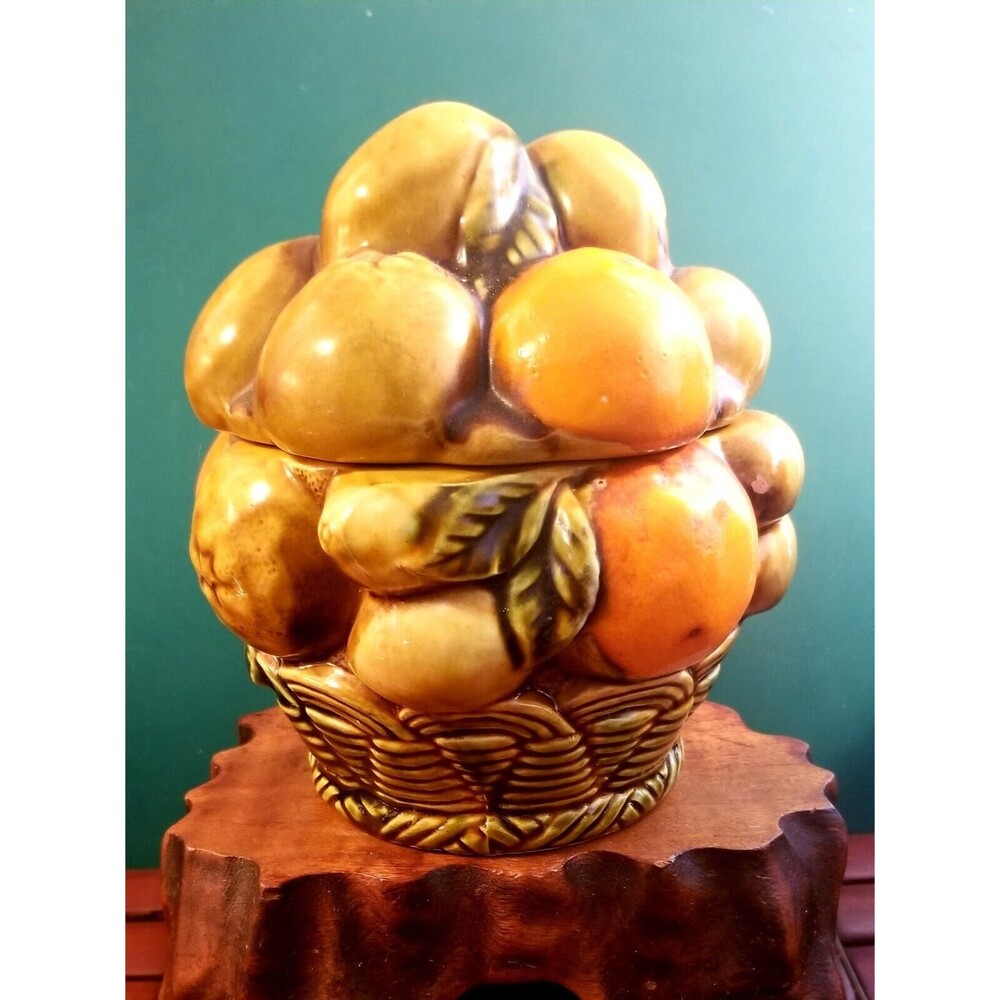 Vintage Inarco E3354 Covered Candy Dish Oranges Lemons Fruit Design 6.5"H 6"Dia